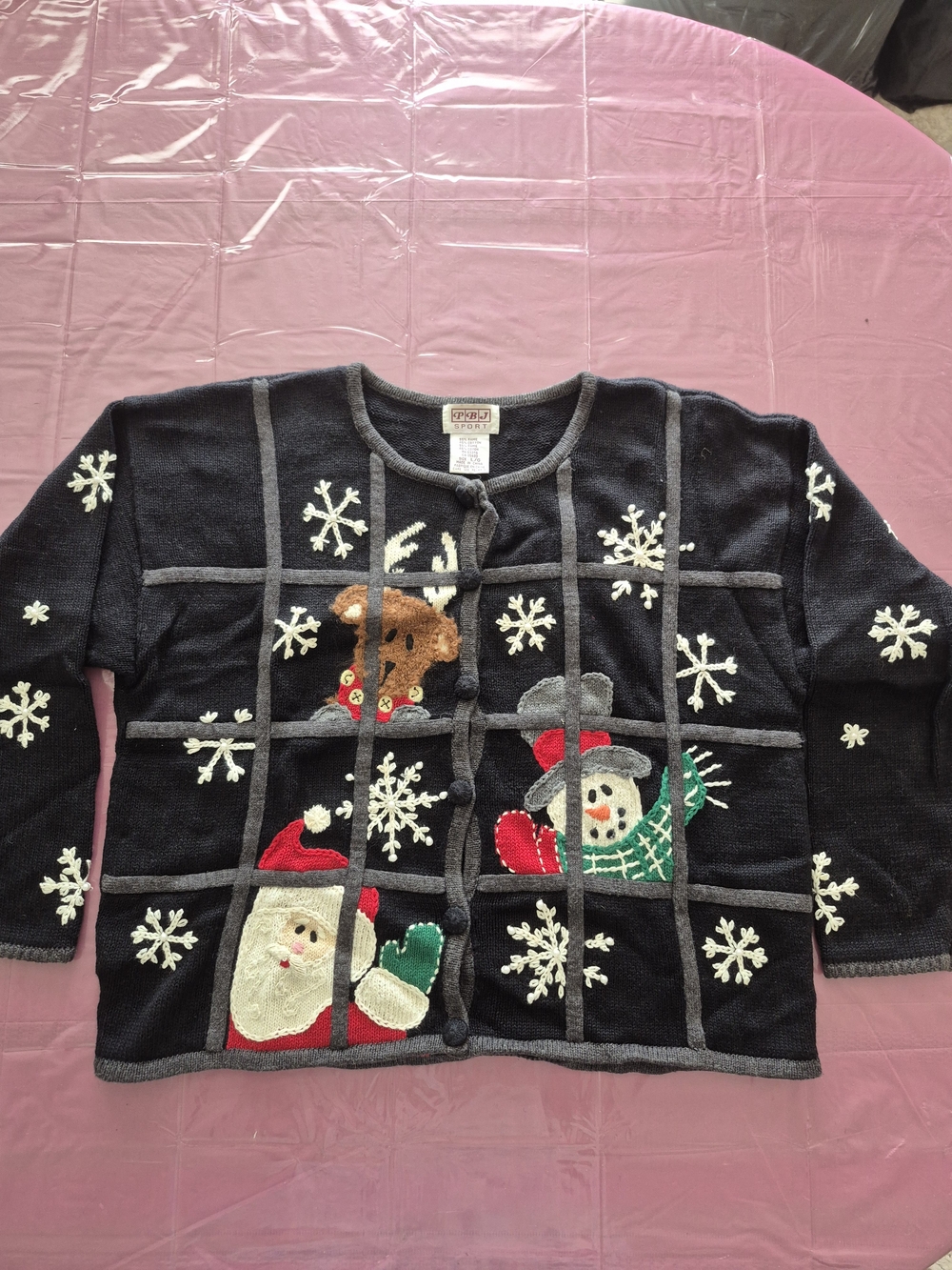 Vintage Black Holiday Windows Knit Cardigan with Festive Appliqués All Around L